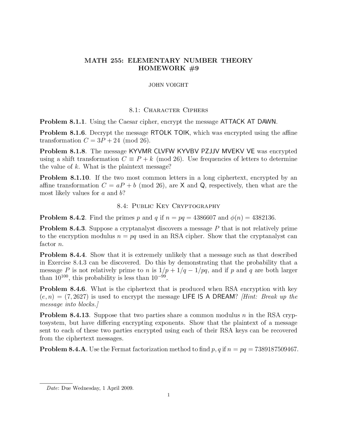 Elementary Number Theory - Homework 9 Questions | MATH 255 - Docsity