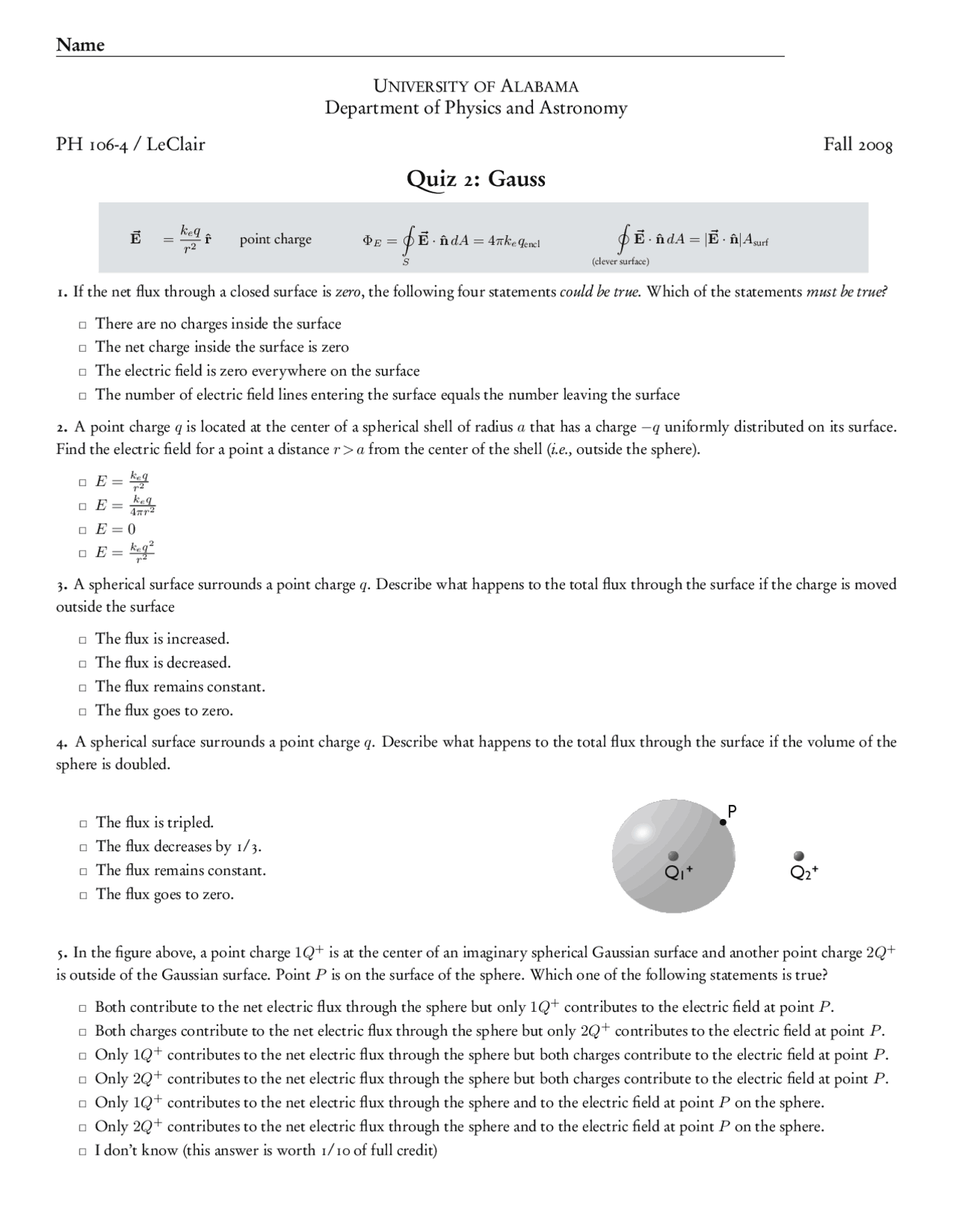 Gauss's Law - Quiz 2 | General Physics with Calculus II | PH 106 - Docsity