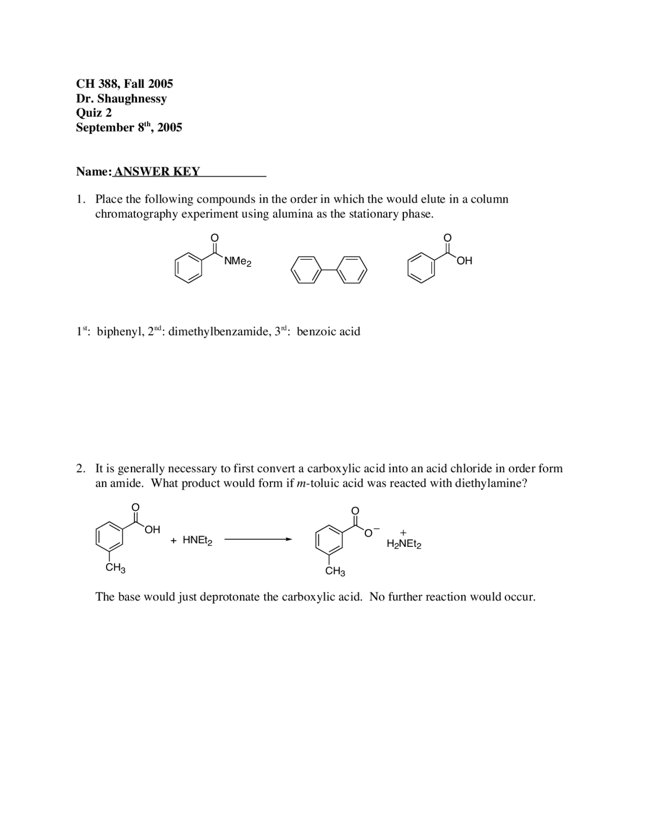 Quiz 2 with Answer Key - Elementary Organic Chemistry Lab II | CH 338 ...