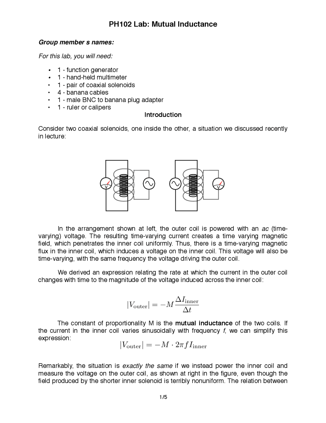 Mutual Inductance Laboratory Report PH 102 Docsity