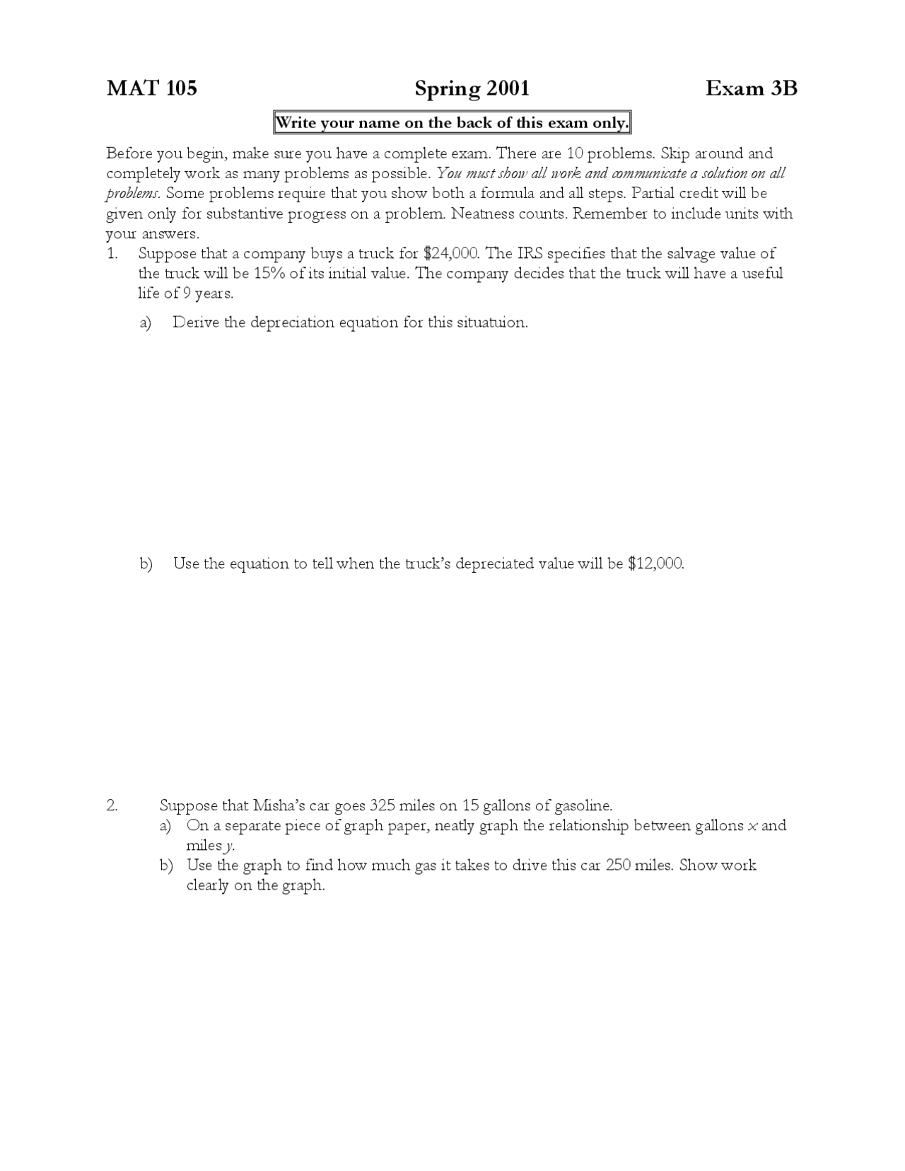 MAT 105 Exam 3B - Spring 2001 - Prof. Robert Buskirk | Exams ...