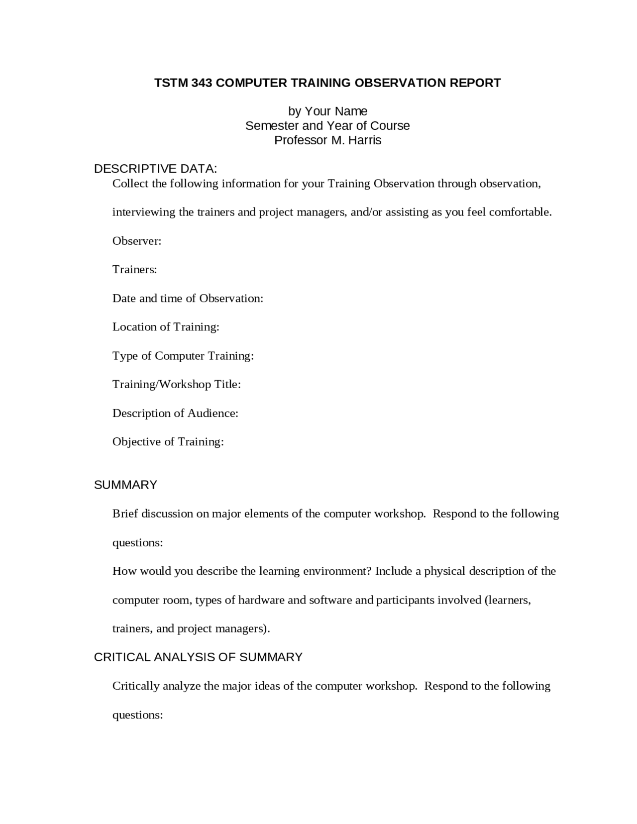 Sample Computer Training Report Computer Training Observation Report - Outline | TSTM 343 | Study notes ...