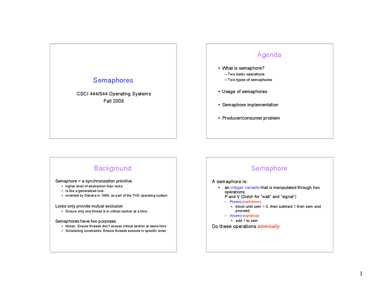 Semaphore Computer Science Example Semaphores in Operating Systems - Lecture Slides | CSCI 444 - Docsity
