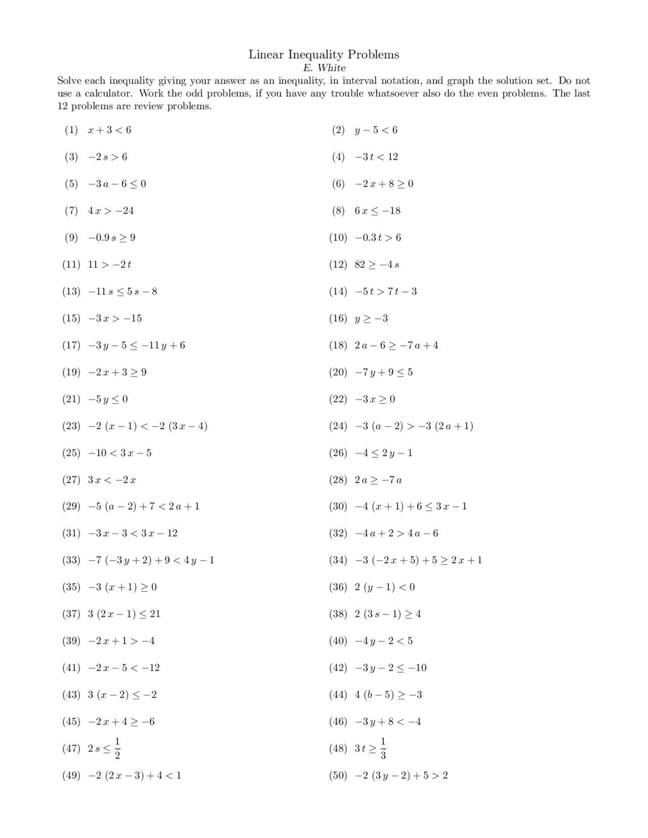 Linear Inequality Math Problems Linear Inequality Problems - Intermediate Algebra | MS 100 - Docsity