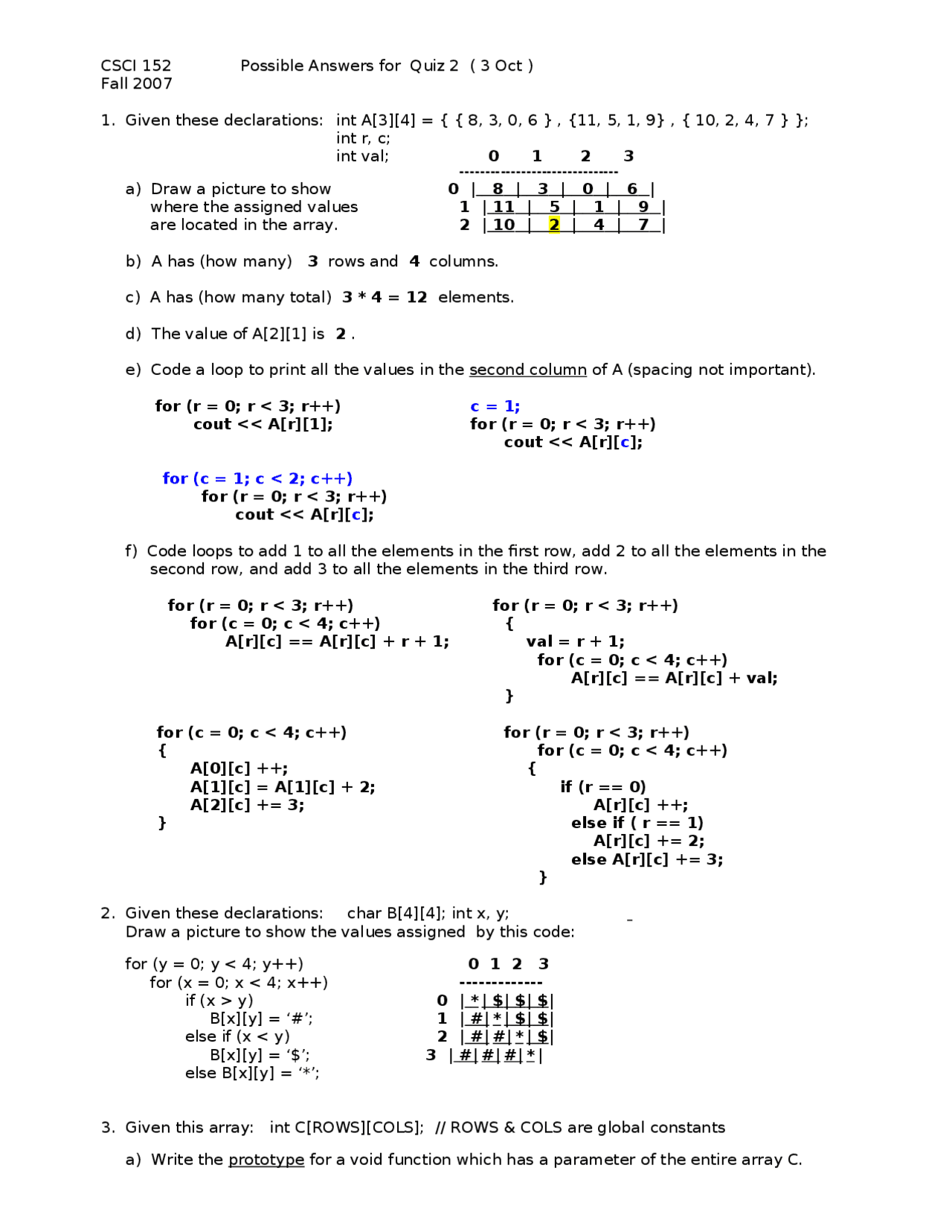 Answer Key to Quiz 2 - Programming Fundamentals II | CSCI 152 | Quizzes ...