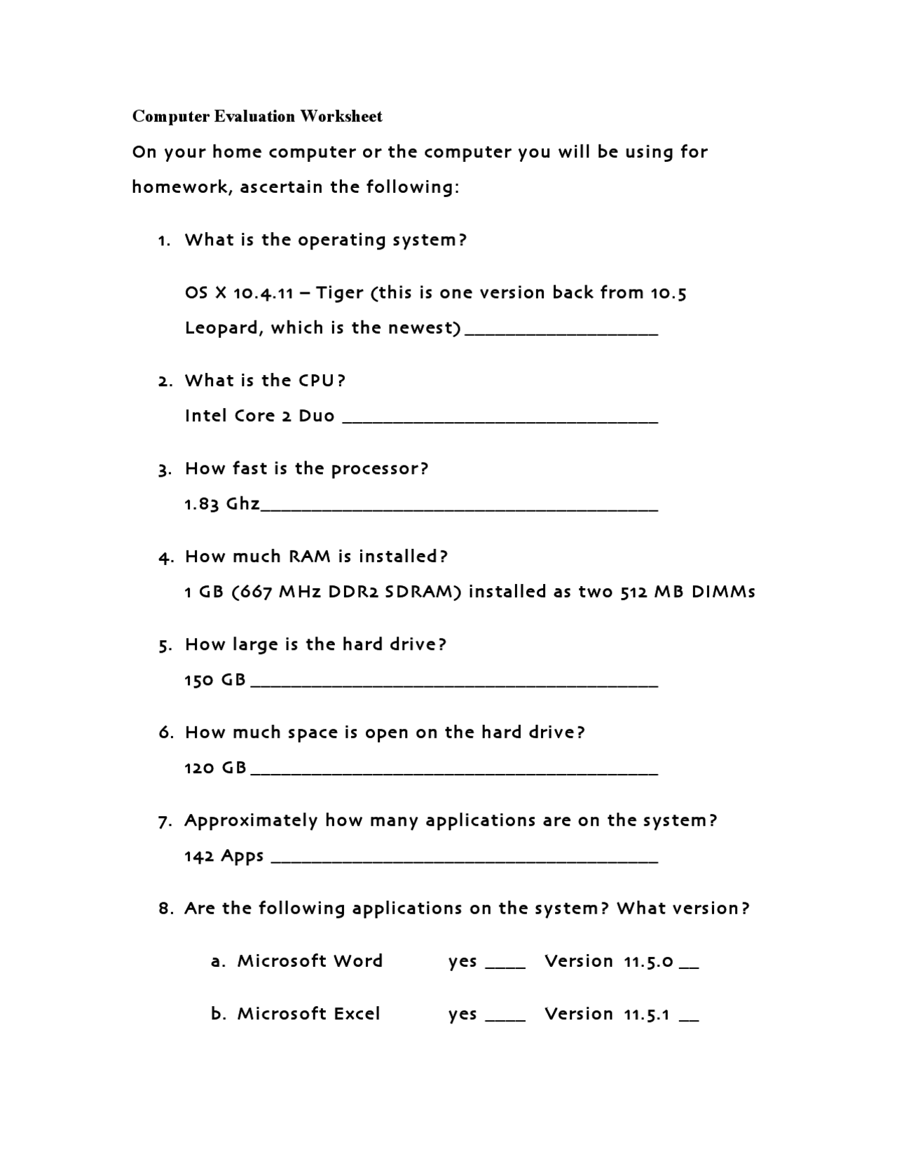 Computer Expectations Worksheet Computer Evaluation Worksheet - Computer Literacy | CS 10001 - Docsity