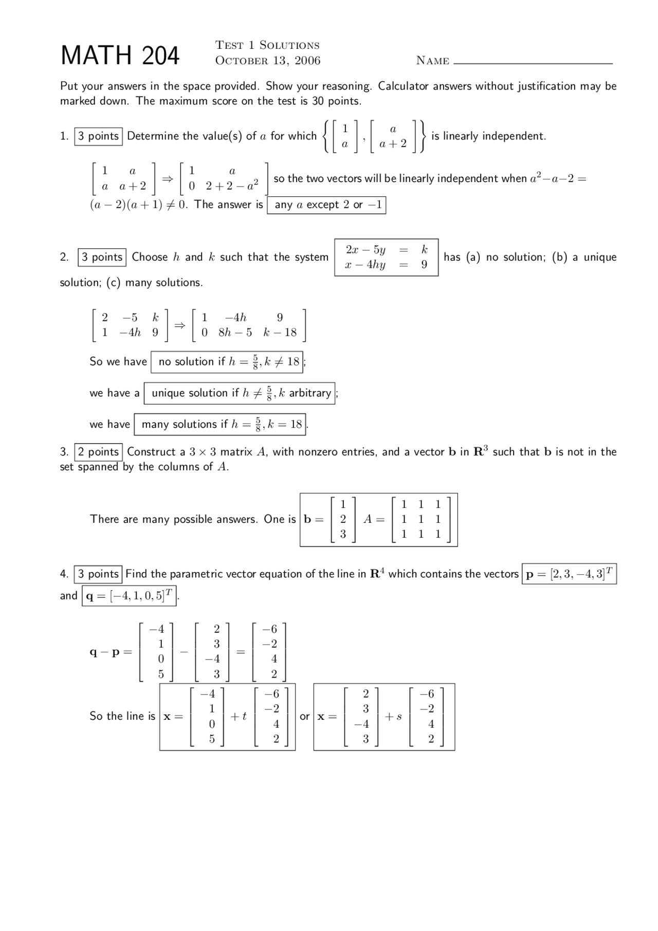 Sample Test Math 2204 Test 1 with Solutions - Elementary Linear Algebra | MATH 204 - Docsity
