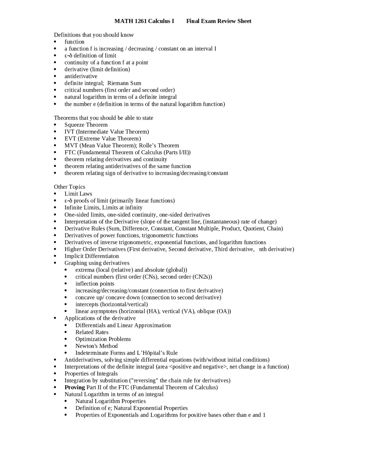 Calculus I - Final Exam Review Sheet | MATH 1261 - Docsity