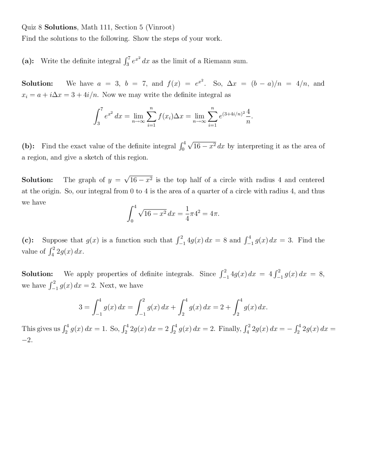 Calculus I Math Questions Quiz 8 Questions with Solutions - Calculus I | MATH 111 - Docsity