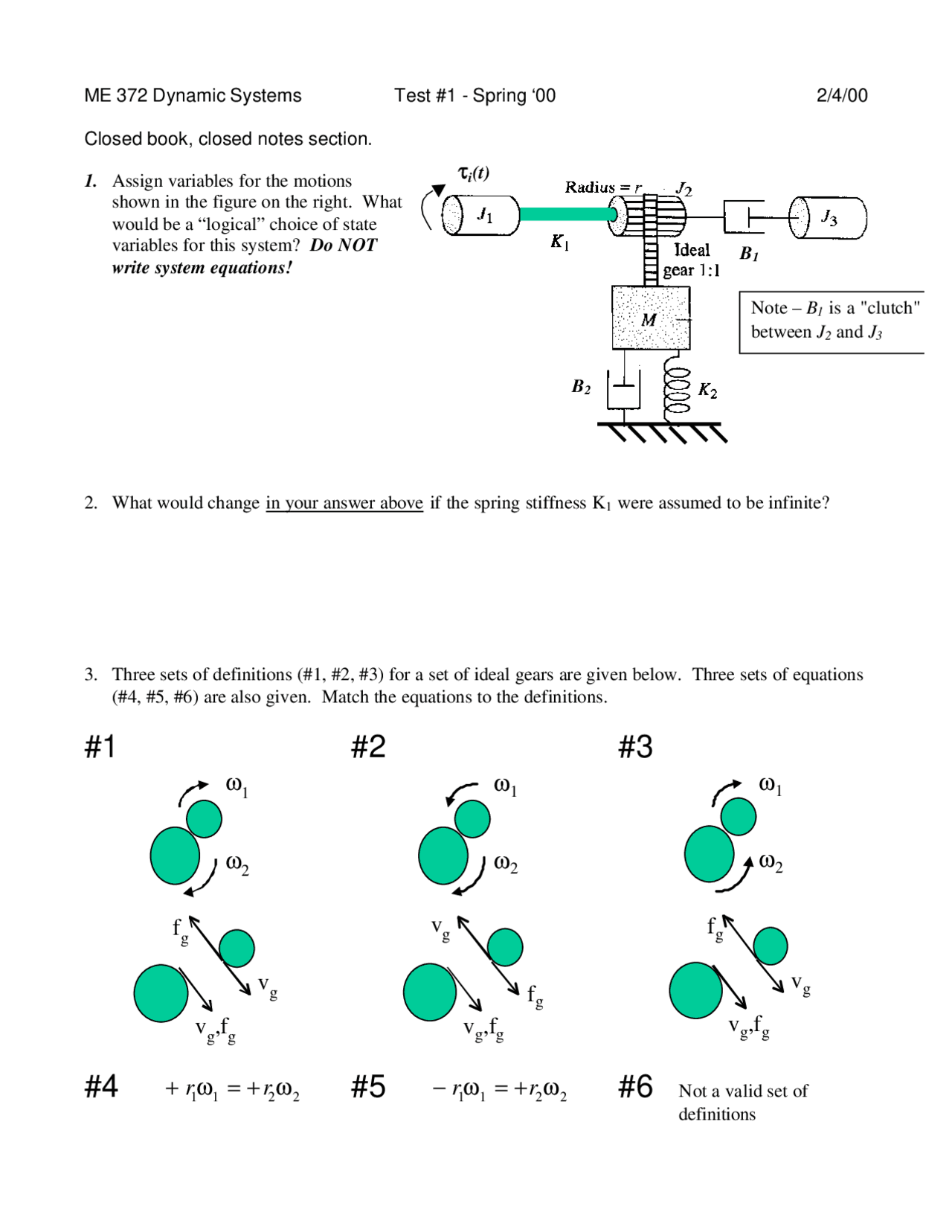 Problems on Dynamic System - Examination 1 | ME 372 - Docsity