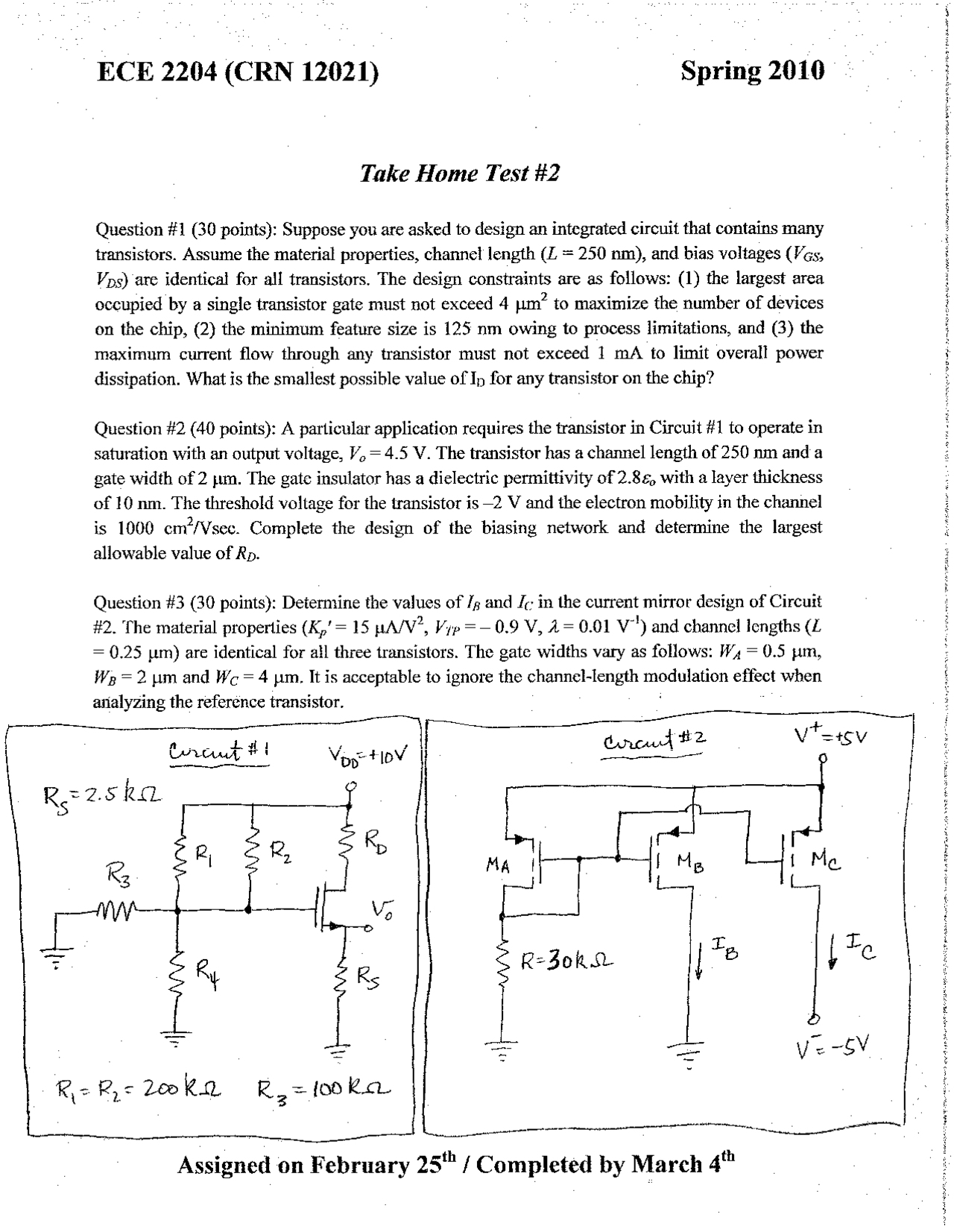 Electronics Take Home Test 2 2010 3 Questions Ece 2204 Exams Basic