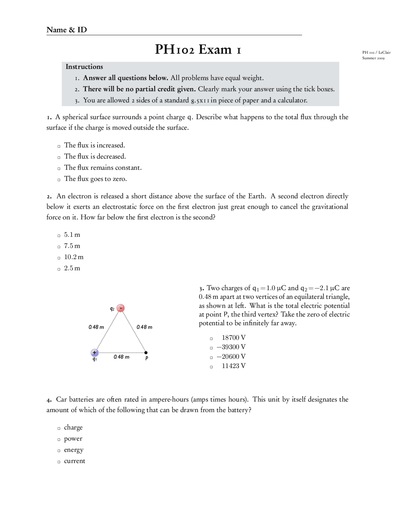 Physics 2 Example Problem Exam 1 Questions, Name and ID - General Physics II | PH 102 - Docsity
