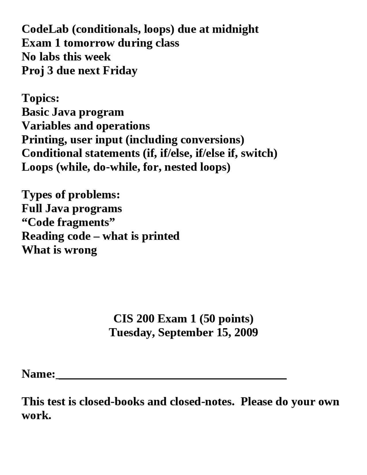Exam 1 with Solution Key - Basic Java Program | CIS 200 - Docsity