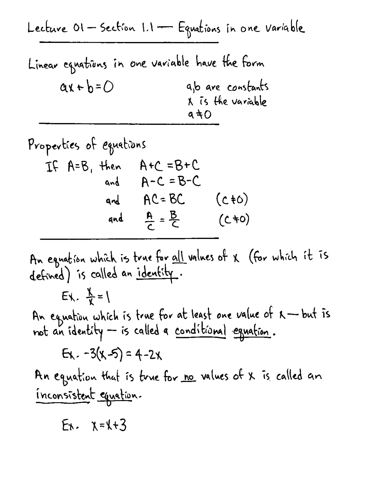 Equations in One Variable with Examples in Algebra - Handwritten Notes ...
