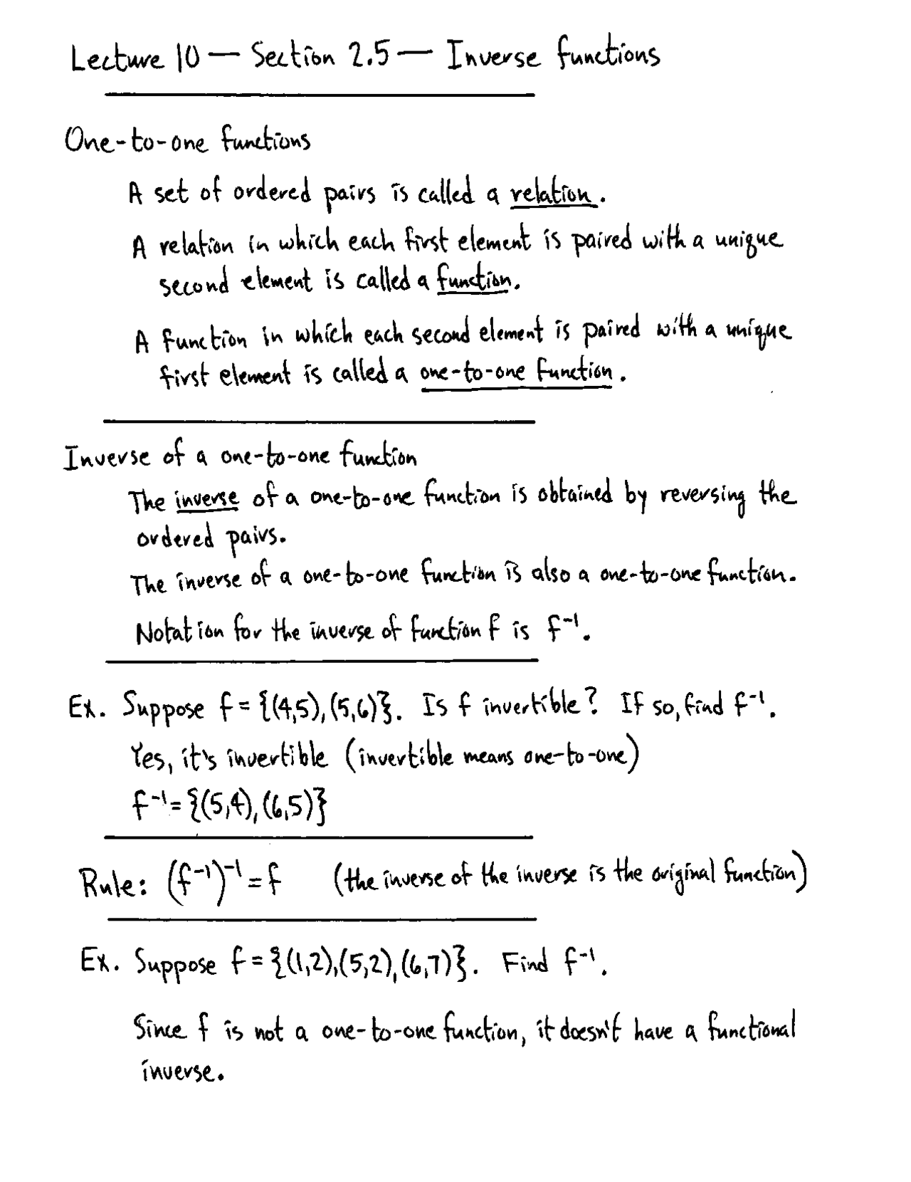 Inverse Functions Math Notes Handwritten Notes on Inverse Functions | MATH 1315 - Docsity