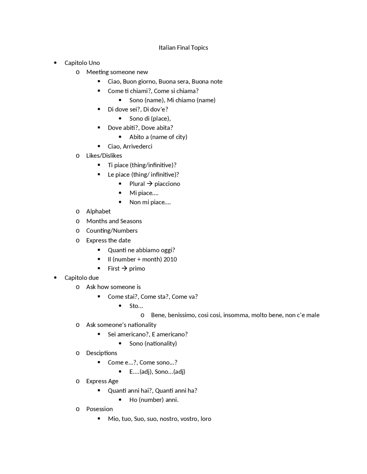 Review Sheet for Exam - Elementary Italian I | ITALIAN 101 - Docsity
