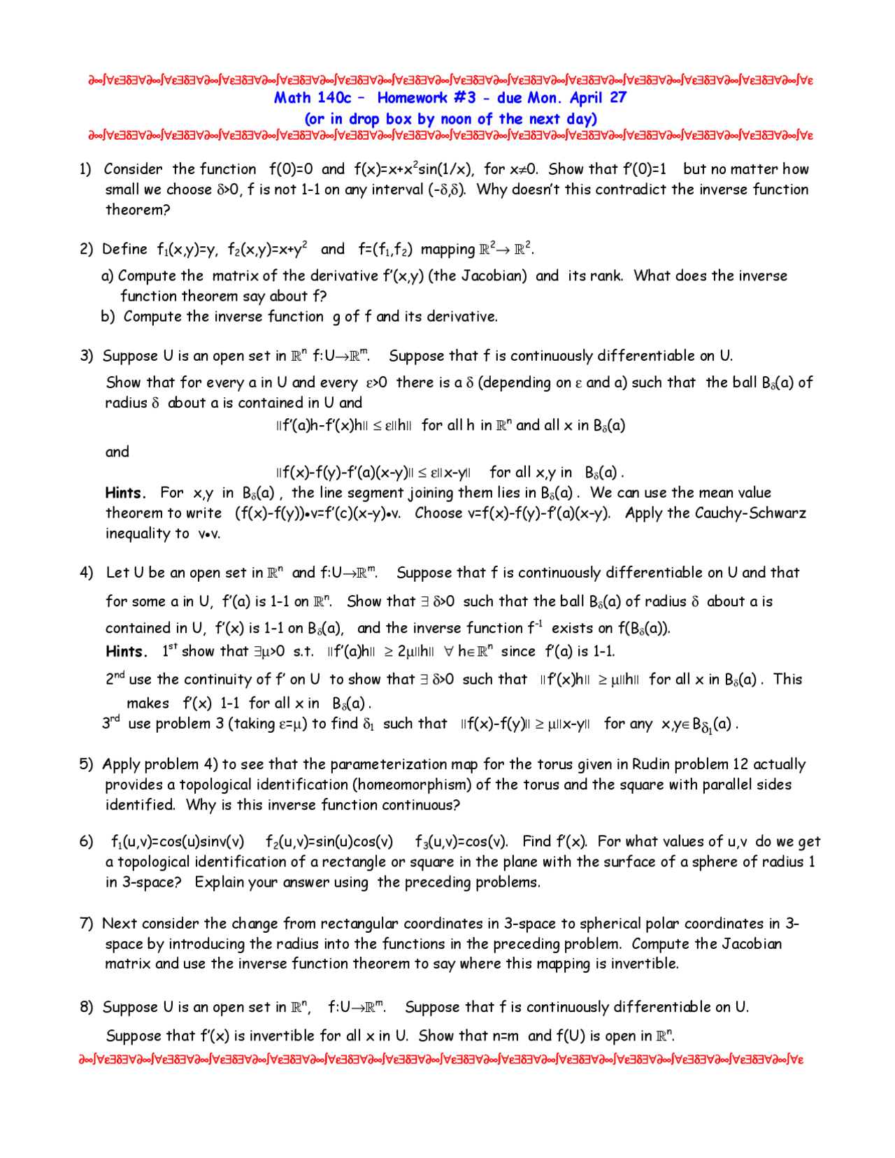 Foundations And Real Analysis Iii Homework 3 Questions Math 140c Docsity