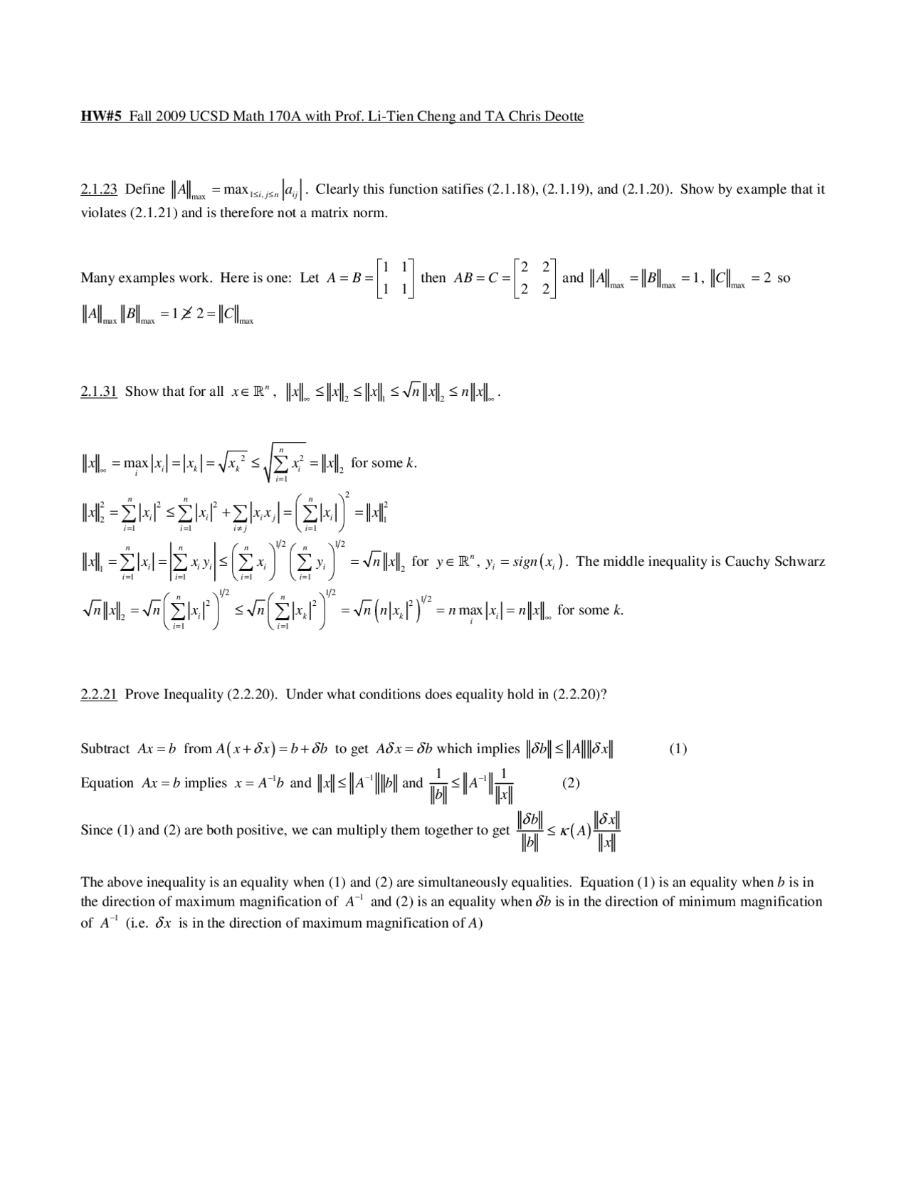 Numerical Linear Algebra Homework 5 Practice Problems MATH 170A