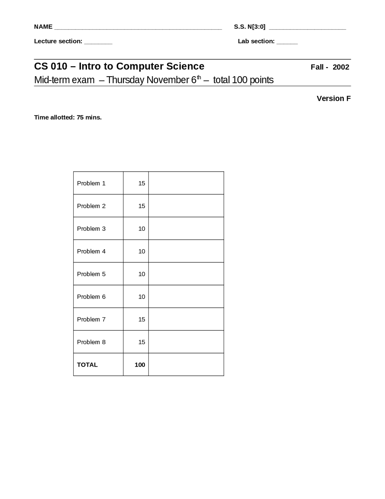 Midterm Exam Questions - Introduction to Computer Science | CS 010 ...