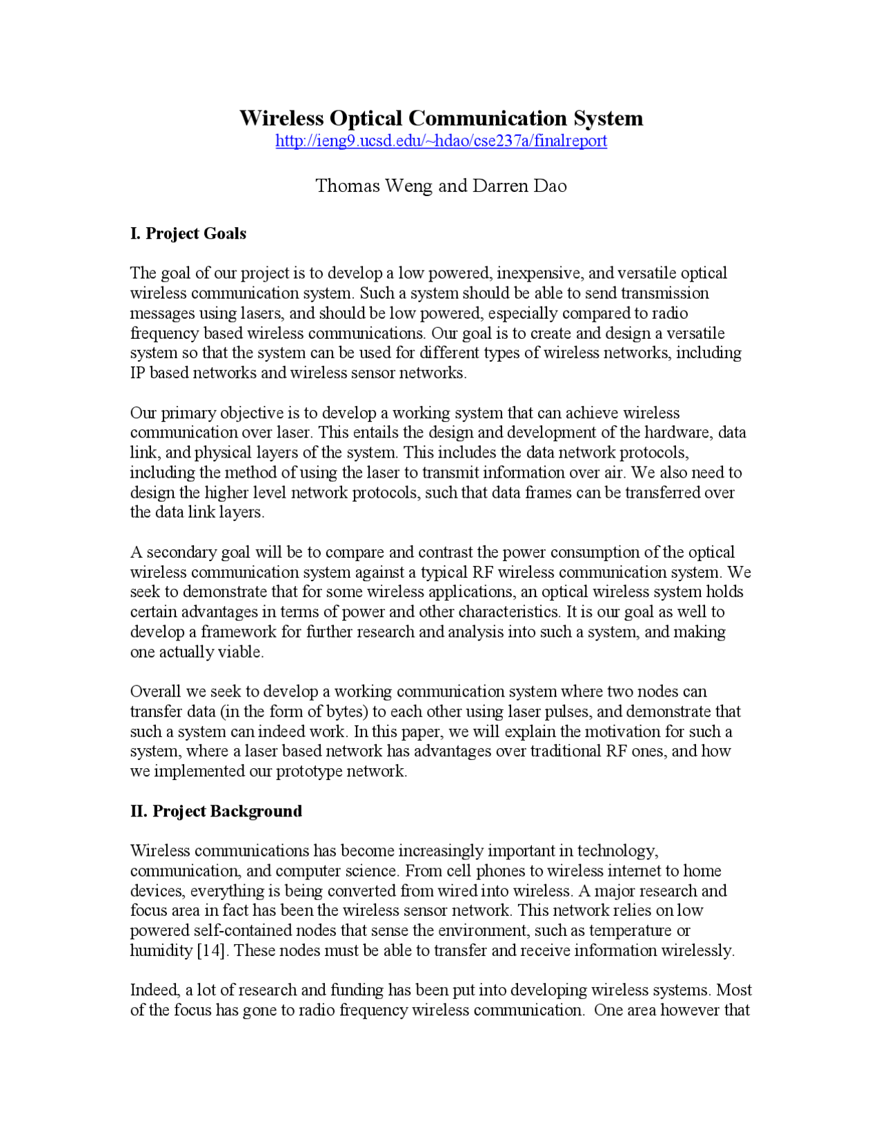 Project for Wireless Optical Communication System CSE 237A Docsity