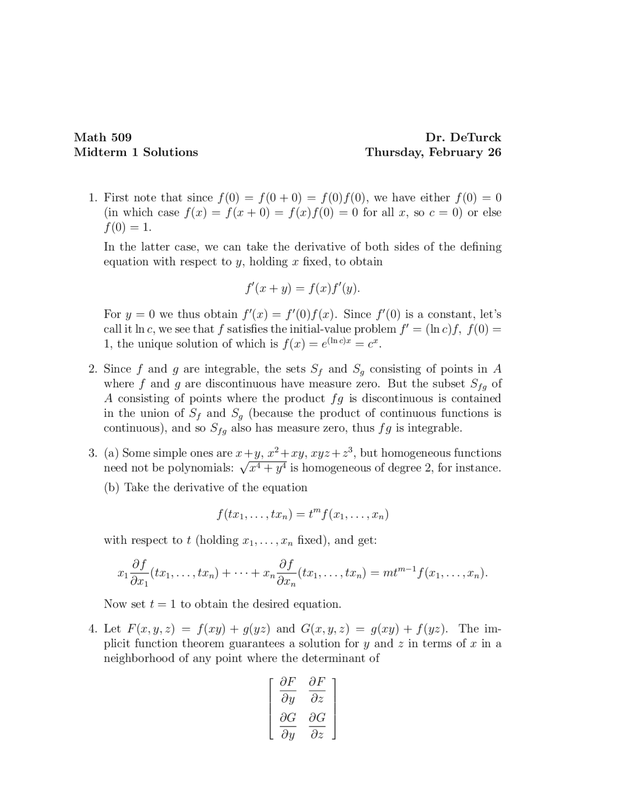 Midterm Examination With Solutions Advanced Analysis Math 509 Docsity