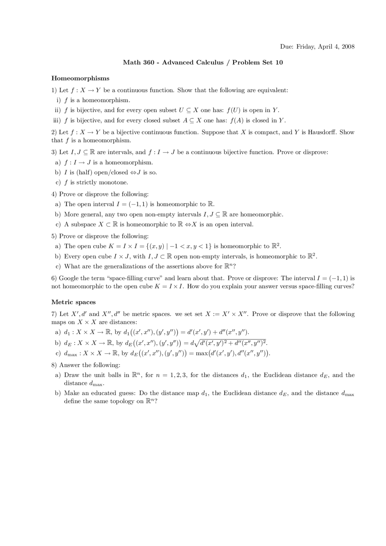 8 Questions on Advanced Calculus - Problem Set 10 | MATH 360 - Docsity