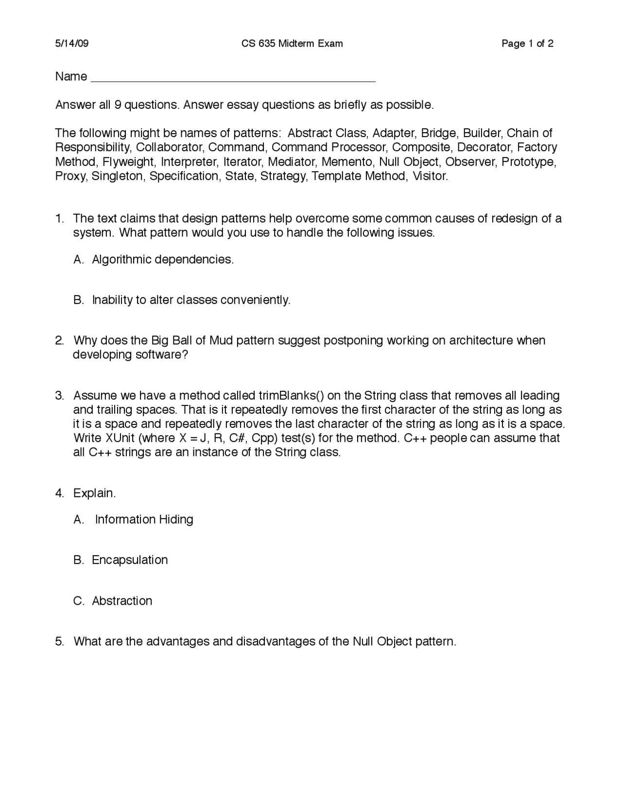 Midterm Exam for Advanced Object-Oriented Design and Programming | CS ...