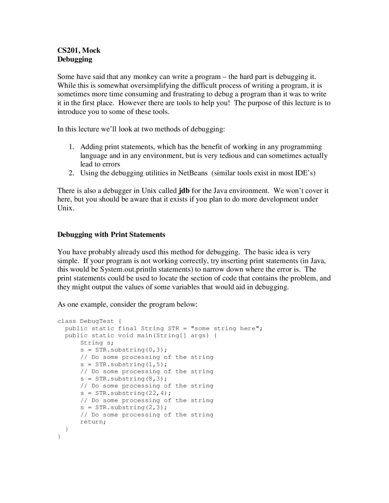 Notes on Debugging | Computer Programming I | CS A201 - Docsity