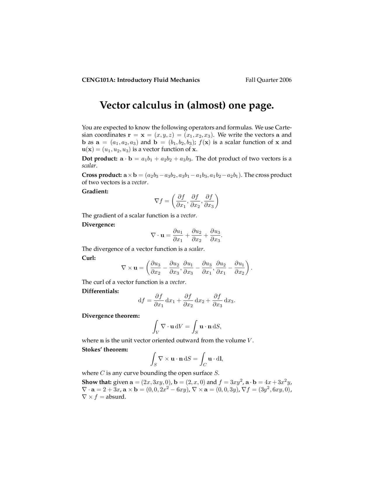 Vector Calculus - Introductory Fluid Mechanics | CENG 101A - Docsity