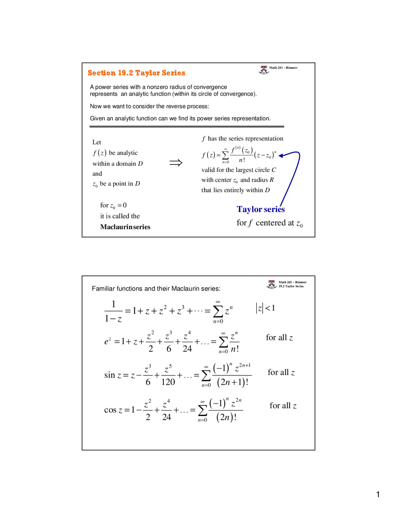 Taylor Series - Lecture Slides - Calculus IV | MATH 241 - Docsity