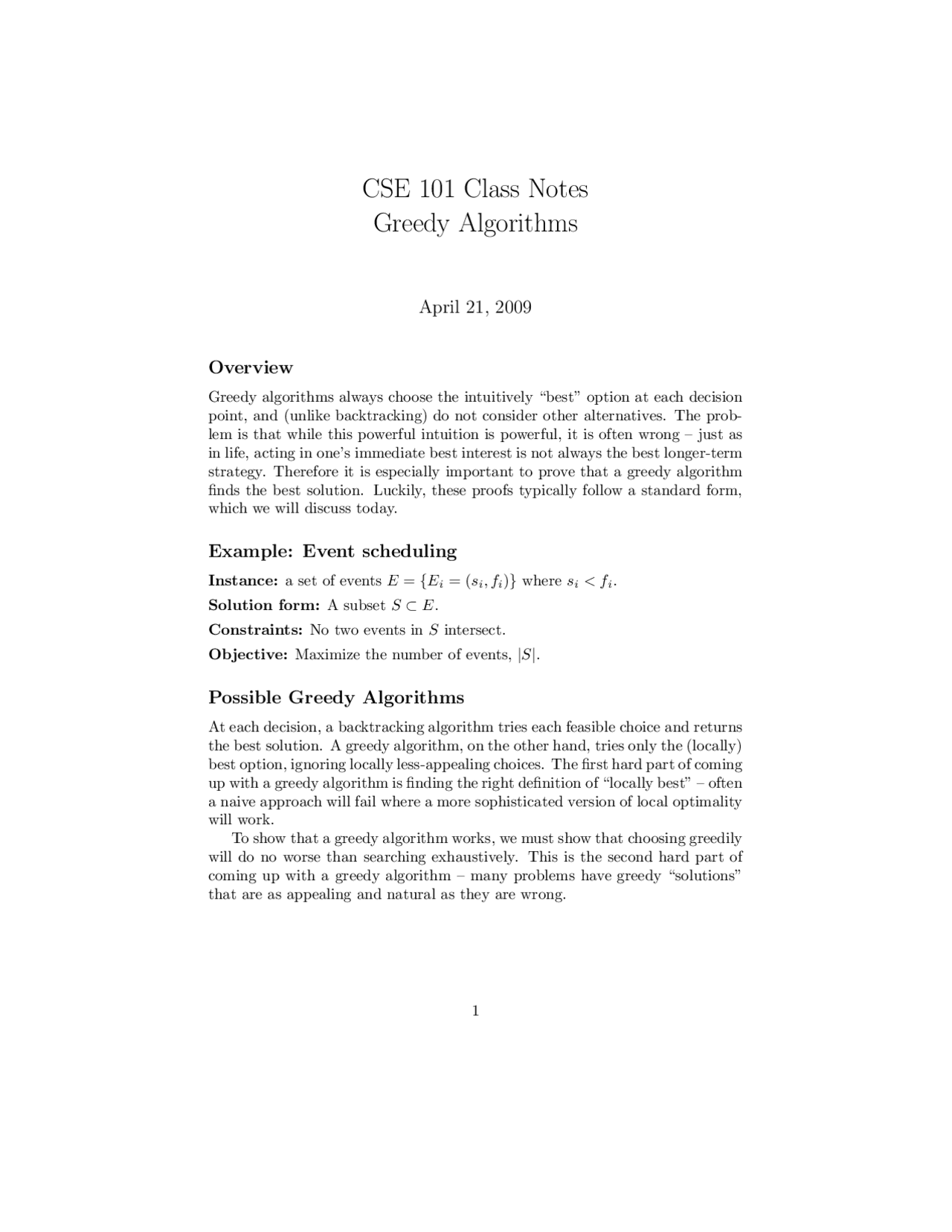 Greedy Algorithms - Lecture Notes | CSE 101 - Docsity