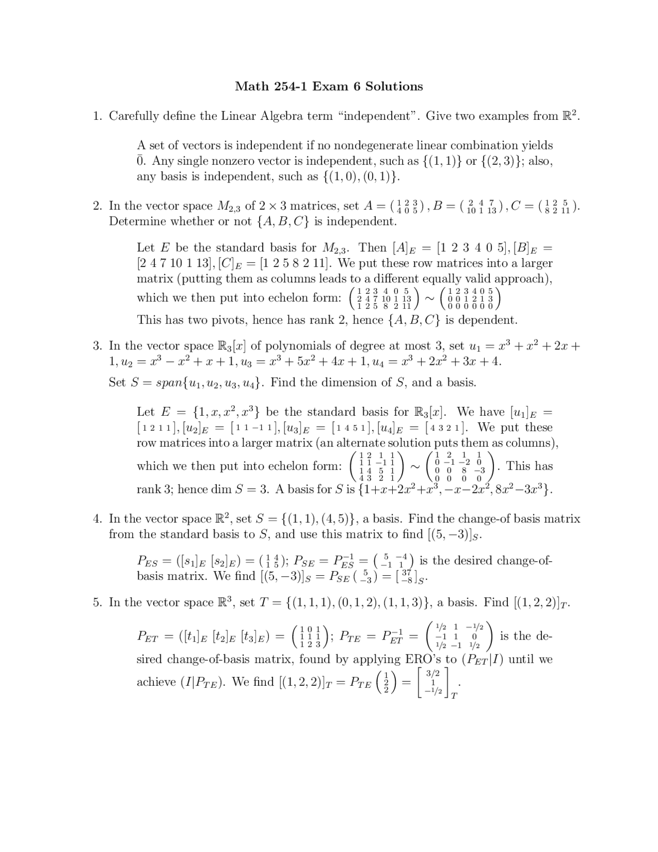 Exam 6 Solutions - Introduction to Linear Algebra | MATH 254 - Docsity
