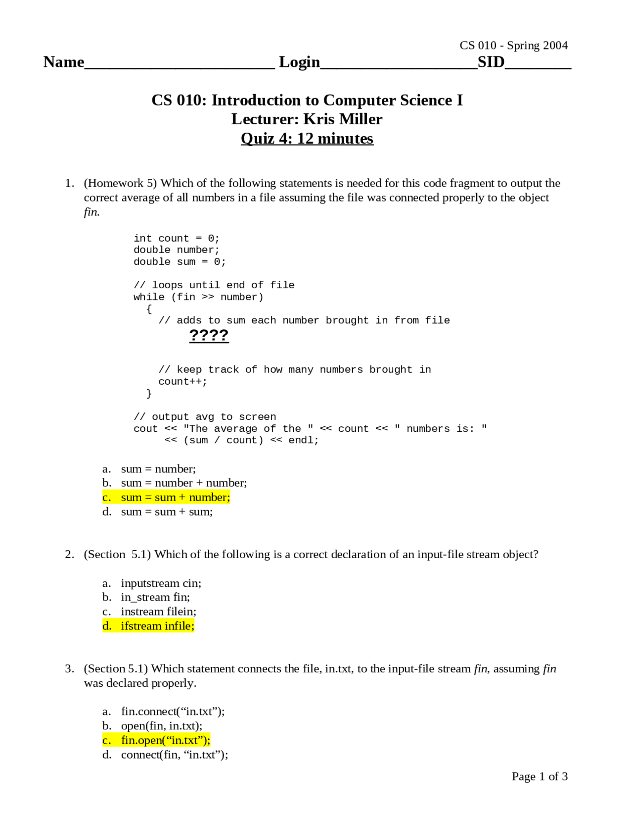 10 Multiple Choice Questions - Introduction to Computer Science I | CS ...