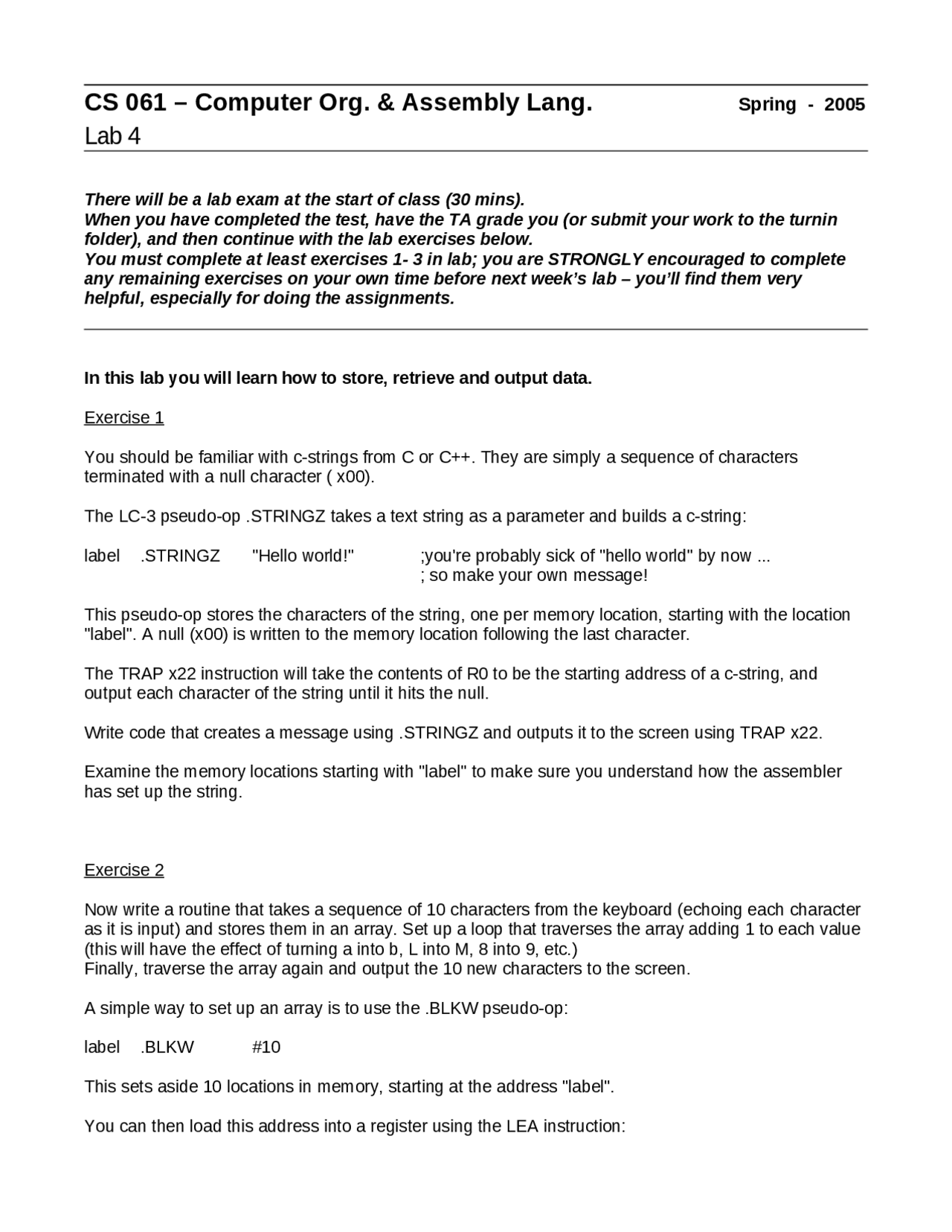 Computer organization and assembly language laboratory report 4 cs
