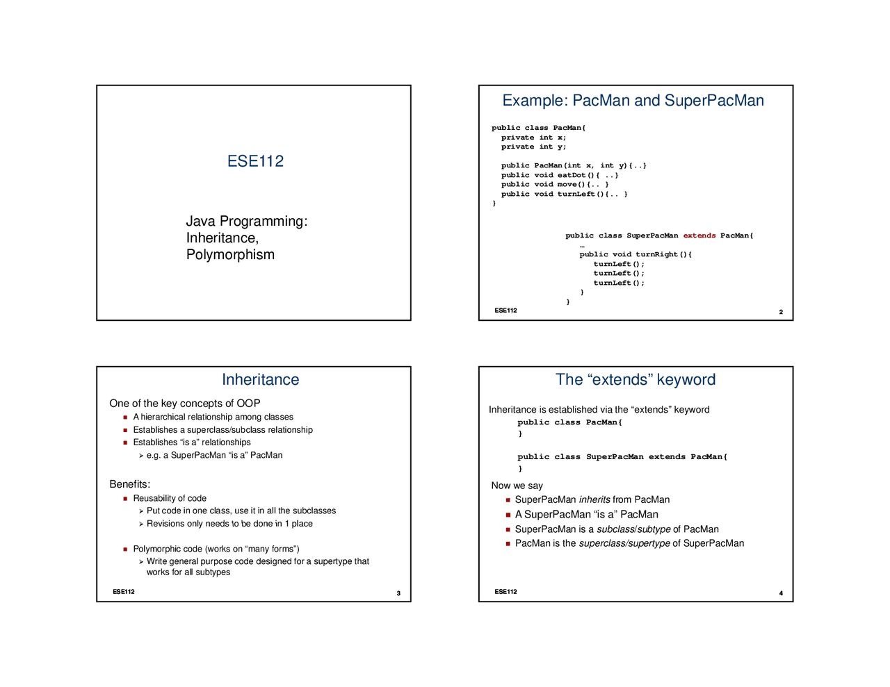 Java Programming: Inheritance and Polymorphism - Slides | ESE 112 - Docsity