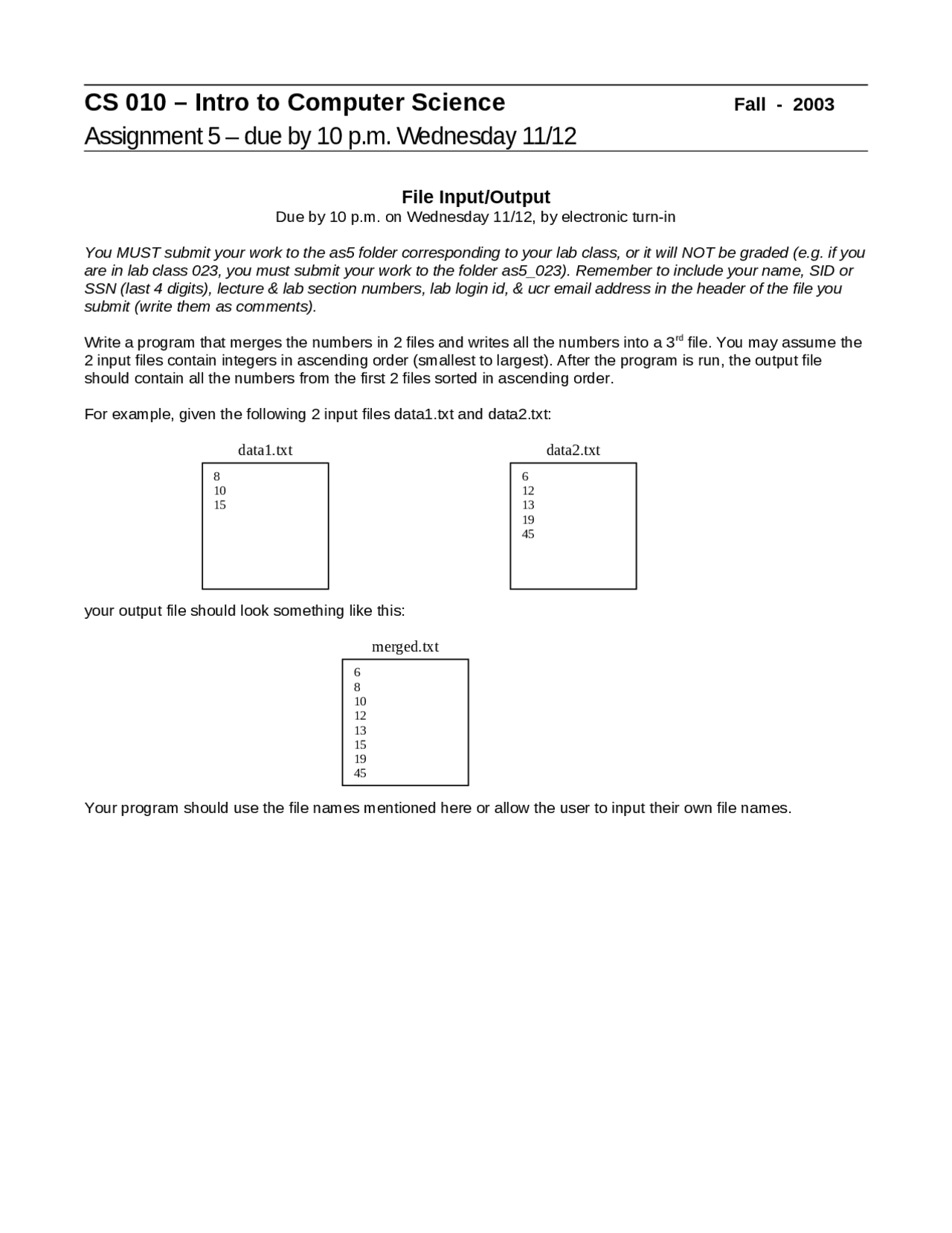 Assignment 5 for Introduction to Computer Science | CS 010 - Docsity