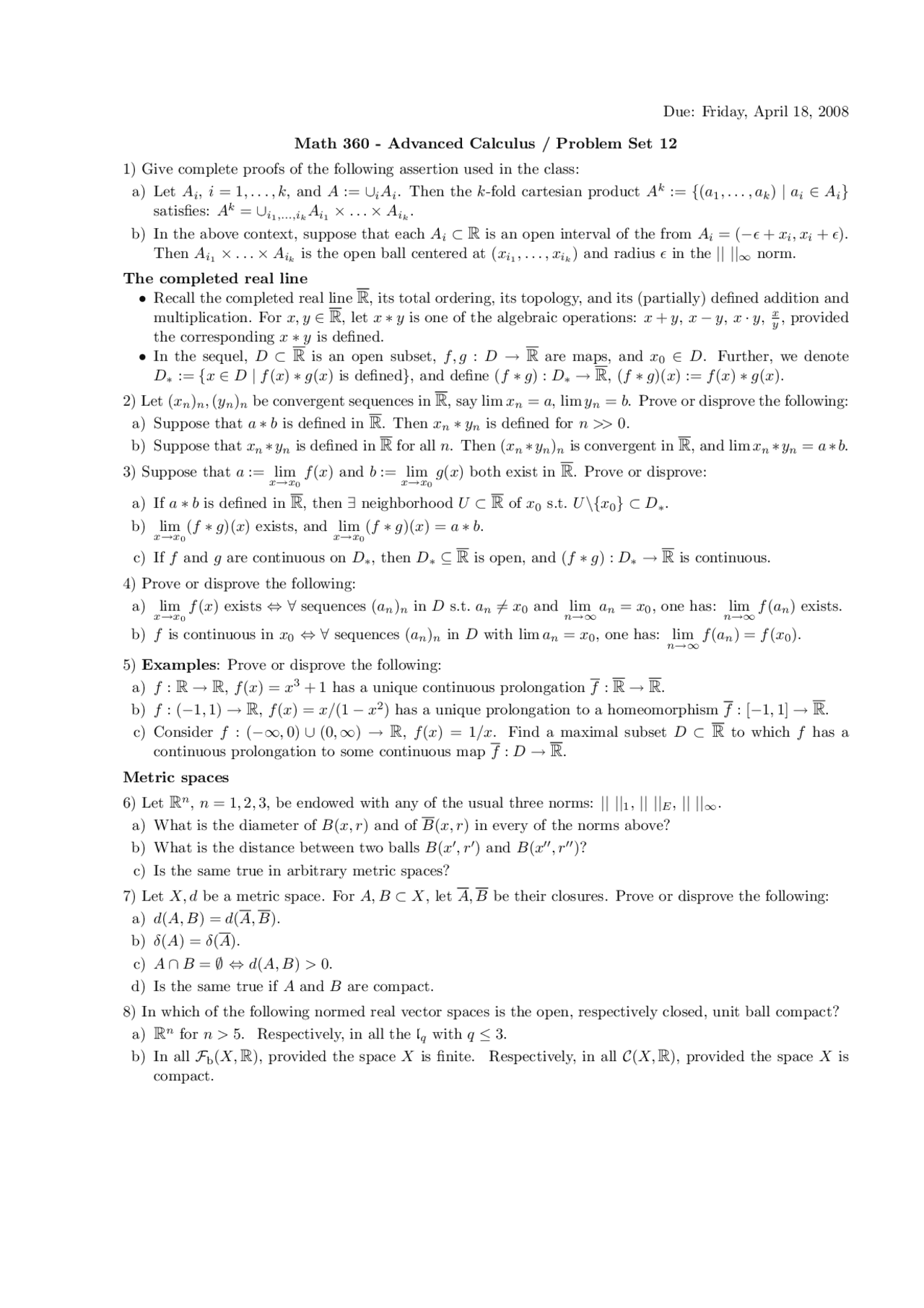 Homework 12 Problem Set - Advanced Calculus | MATH 360 - Docsity
