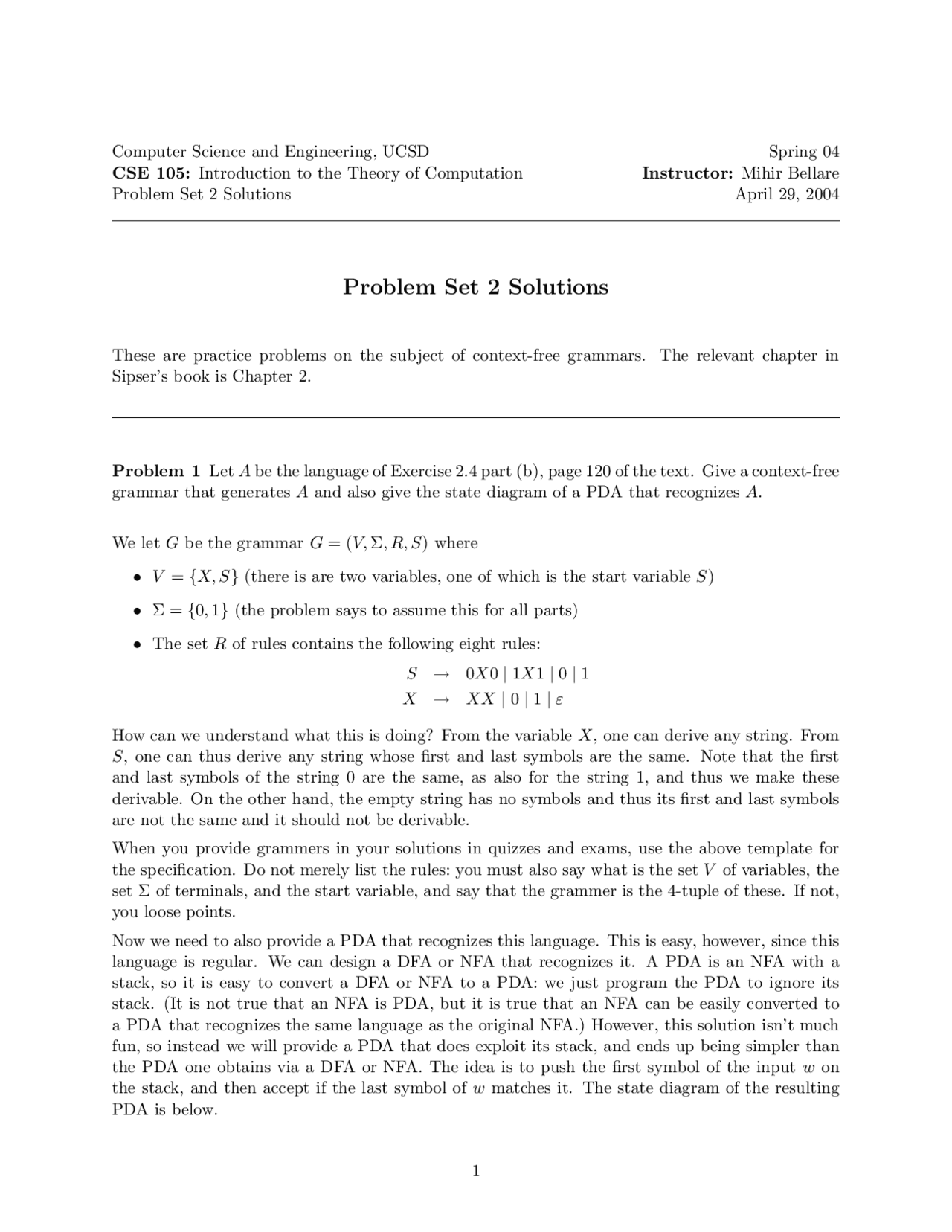 Computer Theory Example Problems Theory of Computation - Problem Set 2 Solutions | CSE 105 - Docsity