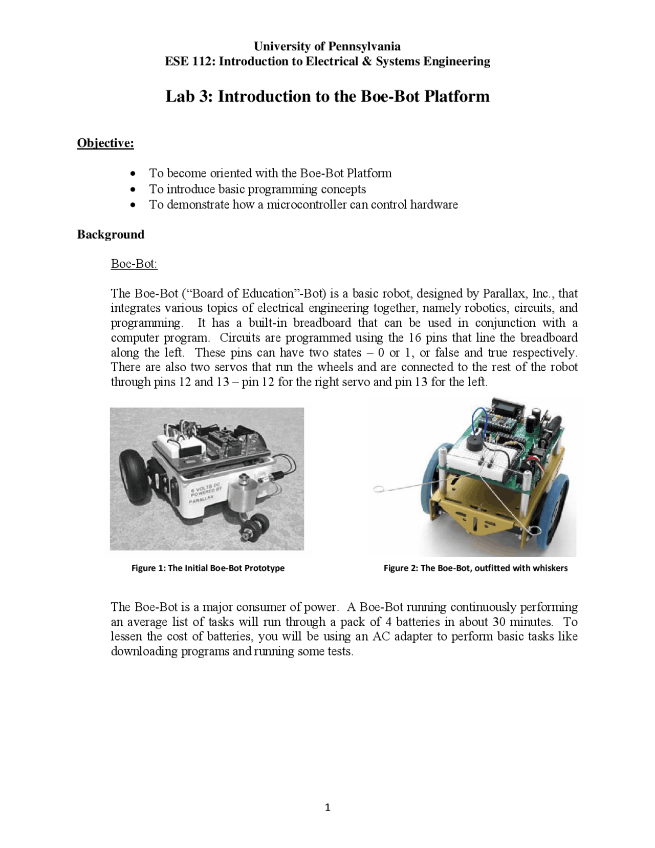 Engineering Boe Examples Introduction to the Boe-Bot Platform Objective - Lab 3 | ESE 112 - Docsity