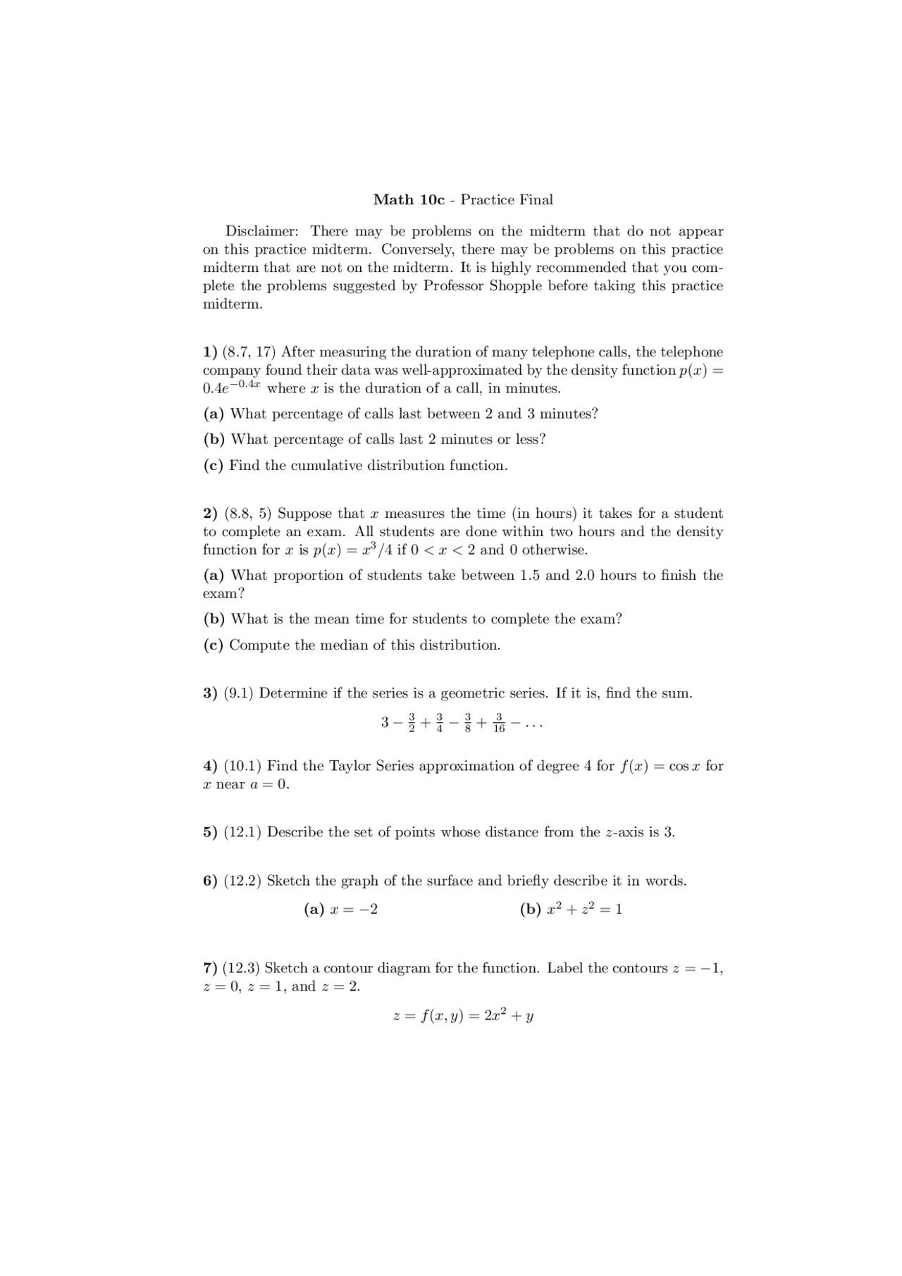 10c Math Questions 23 Questions in Practice Final Examination | Calculus | MATH 10C - Docsity