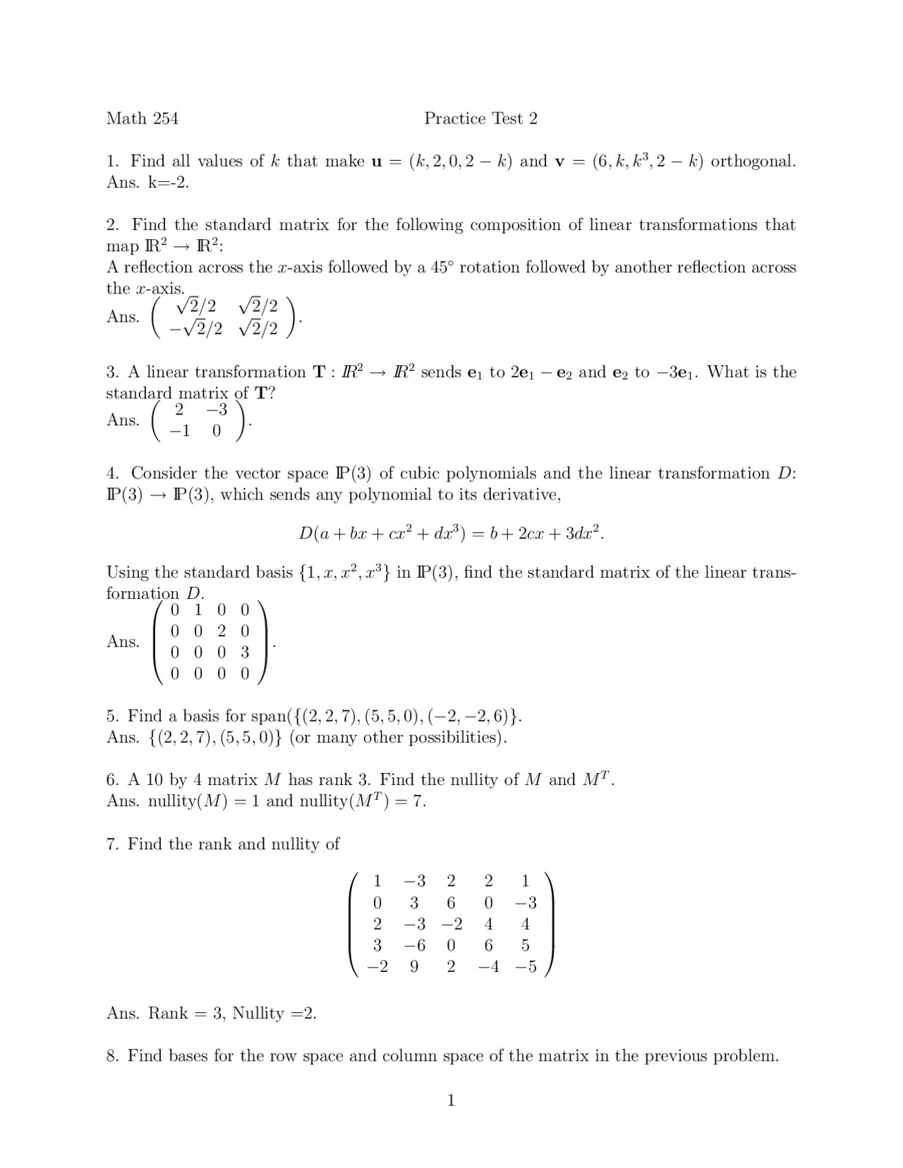 Solution of Practice Test 2 - Introduction to Linear Algebra | MATH 254 ...