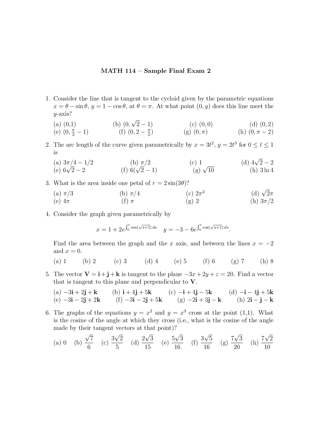 Sample Final Examination 2 Questions - Calculus II | MATH 114 - Docsity
