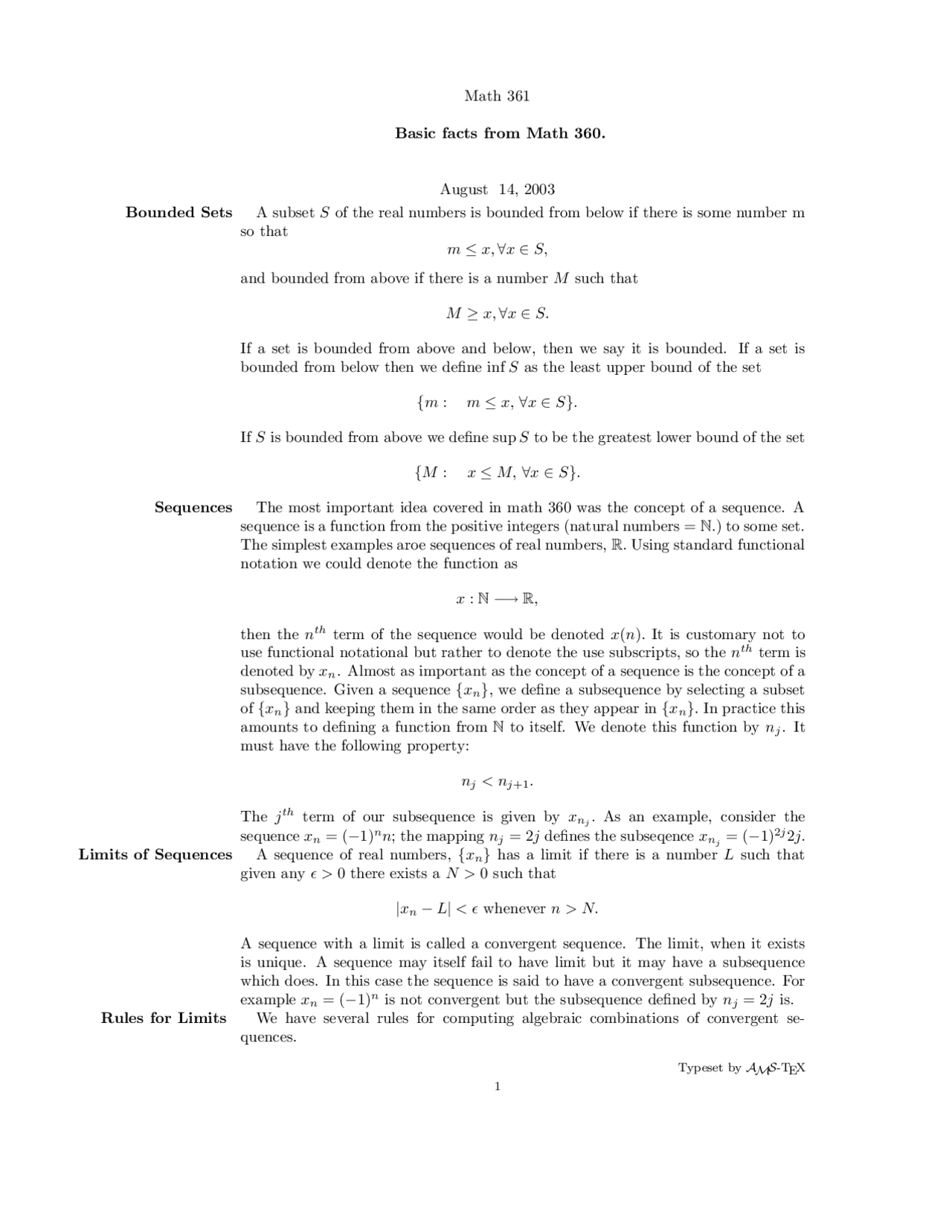 Bounded Sets, Limits of Sequences - Review Sheet | MATH 361 - Docsity