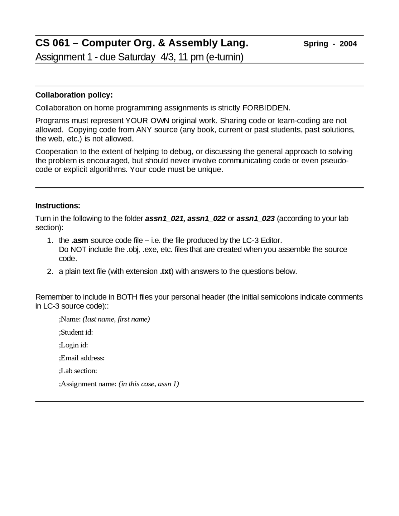 Computer Organization and Assembly Language - Assignment 1 | CS 061 ...