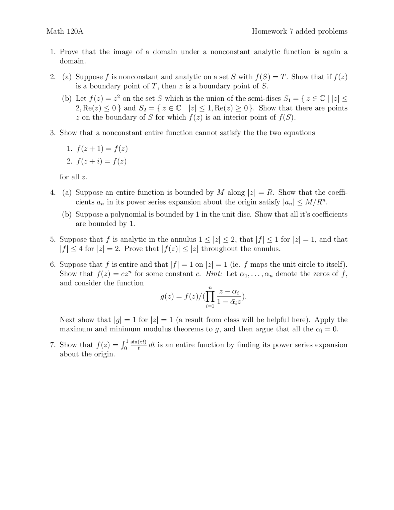 Elements of Complex Analysis - Homework 7 Problems | MATH 120A - Docsity