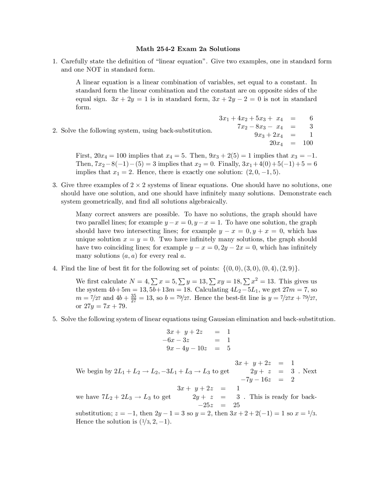 Linear Equation - Introduction to Linear Algebra - Exam 2 Solutions ...