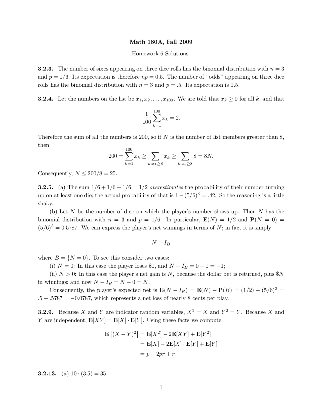 Homework 6 Solutions Introduction to Probability MATH 180A Docsity