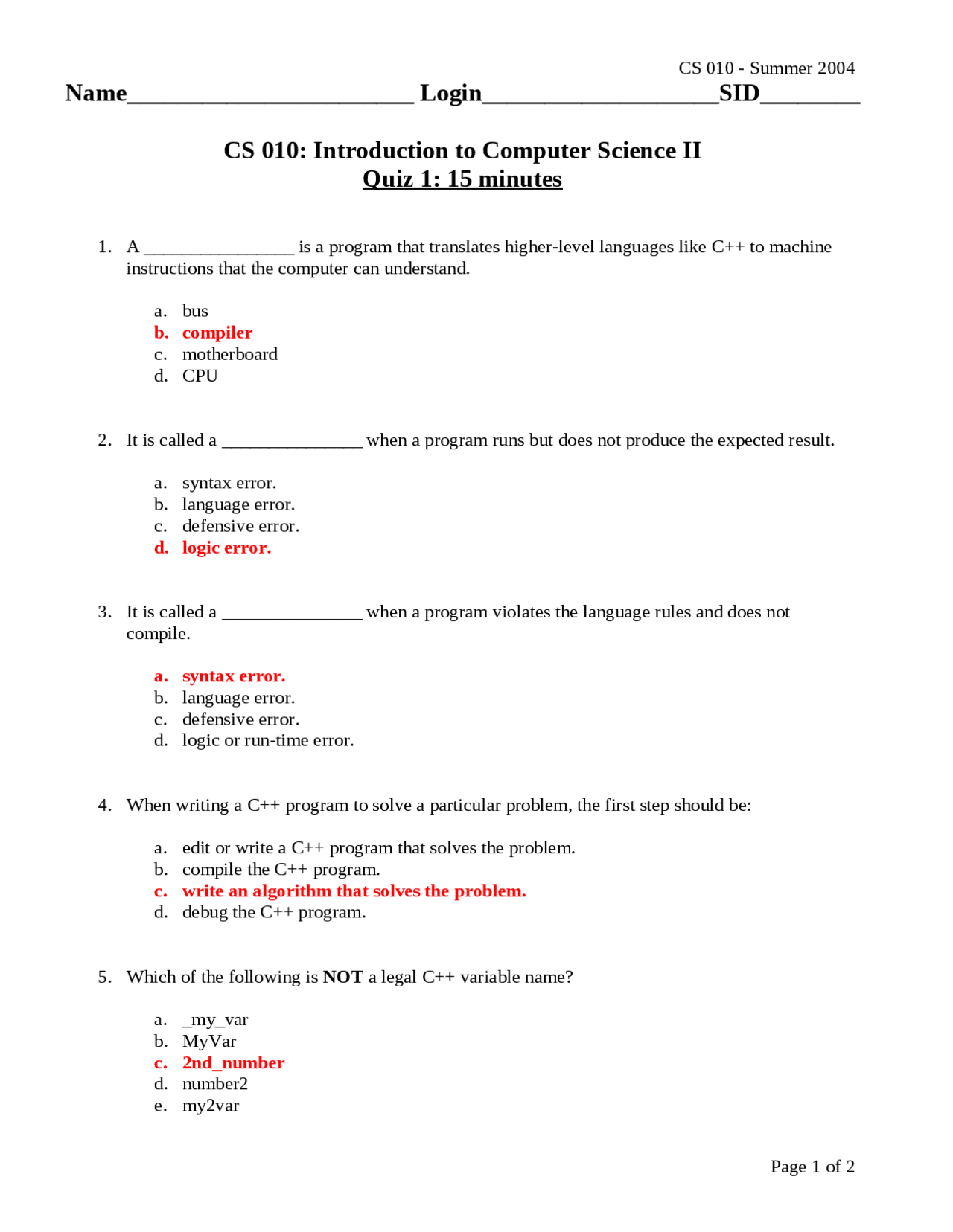 10 Multiple Choice Question - Introduction to Computer Science or Math ...