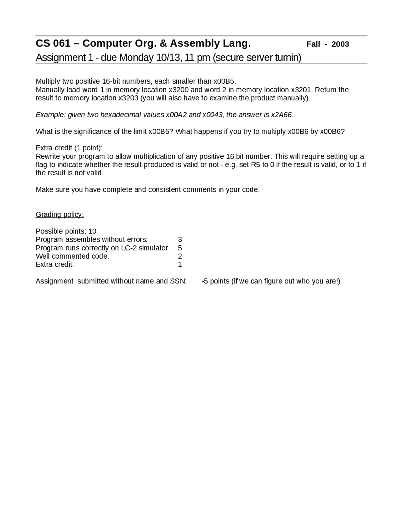 Assignment 1 on Computer Organization and Assembly Language | CS 061 ...