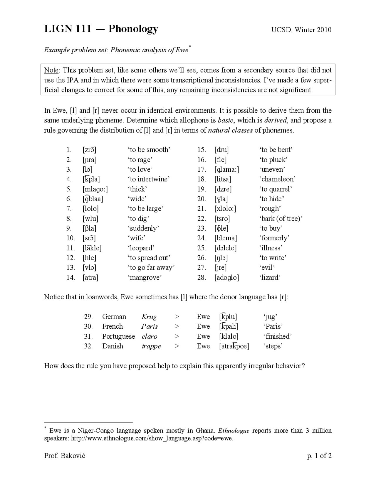 Example Problem Set: Phonemic Analysis of Ewe* - Phonology I | LIGN 111 ...